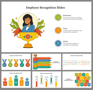 Colorful employee recognition slides with trophy visuals, highlighting performance, target achievement, and quality.
