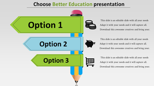 Education-themed infographic with a pencil design and three labeled options in arrows, each with placeholder text areas.