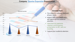 Annual report chart showing income percentages for four categories, with accompanying text for a quarter expansion. 