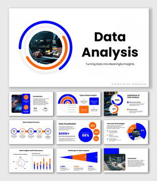 Data Analysis slides, blue-orange theme, dashboard charts, circular shapes, icons, and clean structured text boxes layout.