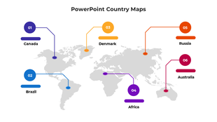 Global map visualization showing numbered country markers for Canada, Brazil, Denmark, Africa, Russia, and Australia.