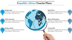 A slide with a world map, magnifying glass, and six popular tourist destinations in Africa country with placeholder text.