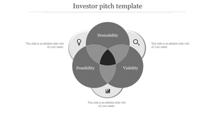Investor pitch PowerPoint template with a grey Venn diagram showing Desirability, Feasibility, and Viability with icons.