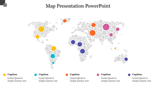 Map PowerPoint slide with a world map featuring colored circles in various sizes, each with different regions with captions.
