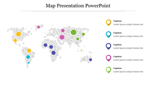 Gray world map made of dots with color-coded location markers and captions aligned on the right side.
