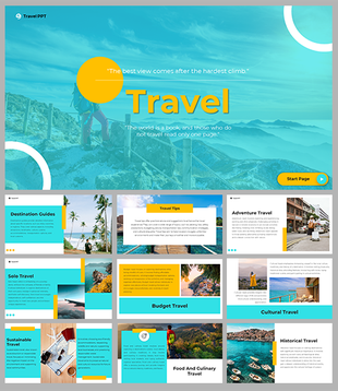 Slide deck with a vibrant blue and yellow design, featuring sections on destination guides, budget and cultural travel.