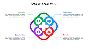 SWOT analysis graphic with green, blue, purple, and red sections, each labeled with text and icons.