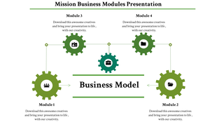 Business model slide featuring four modules linked by gears, representing different business processes with placeholder text.