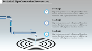 Blue pipeline design on a gray background with water droplets forming ripples and three circular numbered icons.