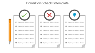Checklist template with three columns featuring green check, red cross, and blue light bulb icons.