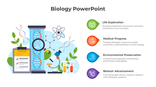 Biology slide featuring a DNA strand, test tubes from life exploration to biotech advancement with icons and descriptions.