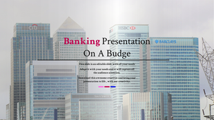 A skyline of modern bank buildings in the background with text overlay for a financial presentation theme.