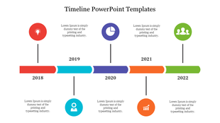 Timeline slide displaying events from 2018 to 2022 with icons for each year and placeholder text for descriptions.