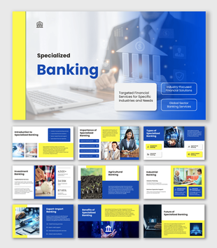 Banking PowerPoint Templates with digital bank icon laptop image, blue yellow shapes and clean white layout.
