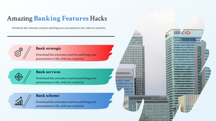 Banking PPT slide with sections for strategic banking, services, and financial schemes alongside a city skyline and icons.