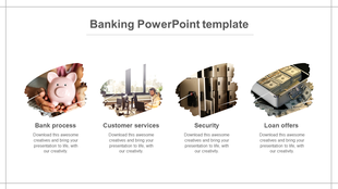 Slide showcasing banking themes with four images in a paint stroke backdrop, with text below.