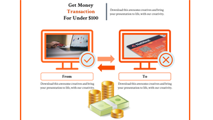 Illustration of money transactions between two computer screens with icons and currency visuals in a orange theme.
