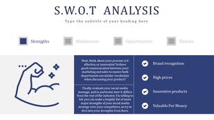 Blue and white SWOT slide highlighting strengths, featuring an arm graphic, bullet points, and detailed explanation.