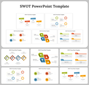Collection of SWOT templates with different layouts, including boxes, hexagons, and arrow shapes in vibrant colors.
