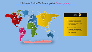 PowerPoint slide showing a world map with regions labeled Asia, North America, Africa, and South America on a blue theme.