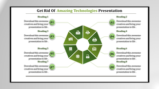 Visual with an eight-segment green circular diagram containing technology-related icons, connected to corresponding headings.