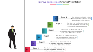 Business growth slide with a stepped layout in colorful blocks labeled 01 to 06 and a businessman figure on the left.