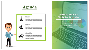 Agenda slide with an illustrated person pointing a text box and a green gradient laptop image on the right.