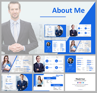About me slide deck with blue and white theme, showcasing profile, occupation, skills, and thank you layouts.
