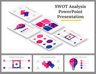 Outline style SWOT analysis template with circular elements and placeholder text areas beneath each section.