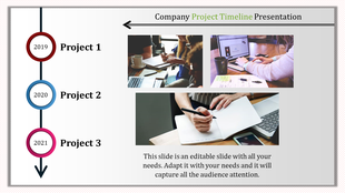 Company project timeline from 2019 to 2021, featuring a red, blue, and pink circles and team collaboration.