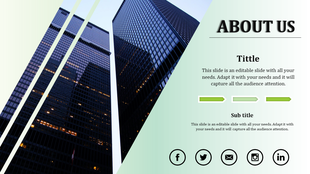 About Us PowerPoint template featuring a cityscape background, with sections for title, subtitle, and social media icons.