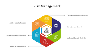 A slide for risk management showcasing a hexagonal diagram with steps from monitoring to categorizing information with icons.