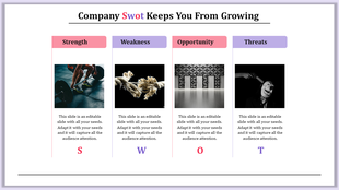 SWOT analysis slide from strength to threat categories, each paired with distinct black-and-white images.