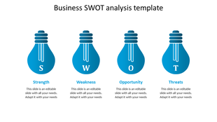 Business SWOT analysis template with blue light bulb icons representing strengths, weaknesses, opportunities, and threats.