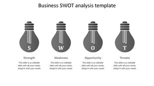 Slide featuring four gray lightbulb icons, each with a letter S, W, O, T and corresponding captions below.