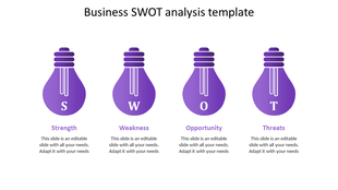 Purple SWOT analysis template with four lightbulb icons labeled S, W, O, and T, each with a text placeholder below.