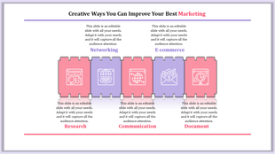 A marketing PPT slide with four puzzle pieces with icons representing different marketing strategies with placeholder text.