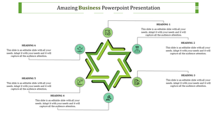A business PowerPoint slide with six headings in a star shaped model, each accompanied by icons in a circular design.