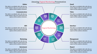Slide with a central Digital Marketing label, surrounded by icons representing different aspects from online to report.