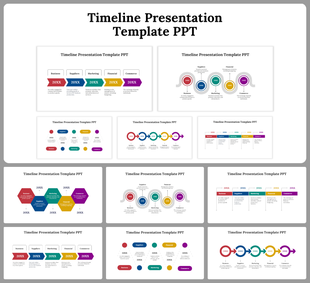 Collection of timeline presentation slides showcasing various designs for business, marketing, and finance topics with icons.