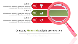 A slide with a magnifying glass and three analysis steps, featuring icons for ideas, financial graphs, and partnerships.