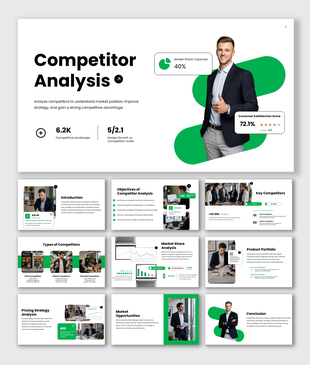 Competitor analysis presentation template with insights, key players, strategies, pricing, and performance metrics slides.