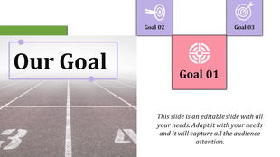 Slide layout with a goal title on a race track image and three goal blocks in pink and purple, each marked with target icons.