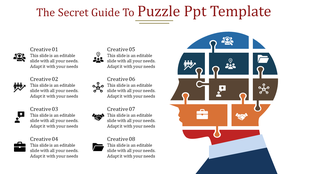 Puzzle PPT template with various icons representing business concepts, arranged in a head shaped design and placeholder text.