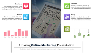 Online marketing slide featuring a laptop displaying website analytics with a bold diagonal banner.
