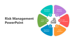 Risk management with a graphic and six distinct colored sections labeled with various types such as regulatory and asset.