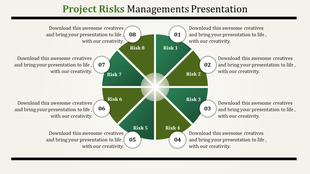 Risk management slide with an 8 segment green colored circular diagram surrounded by descriptive text.