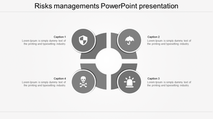 Risk management chart with a circular gray layout, four icons inside segments, and text placeholders around it.