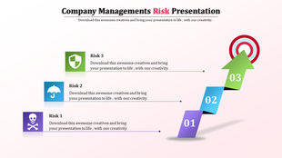 Colorful step diagram for company risk presentation, highlighting risks with ascending blocks and a target at the top.