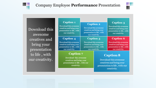 Company employee performance presentation slide with eight colorful sections, each with placeholder text for captions.